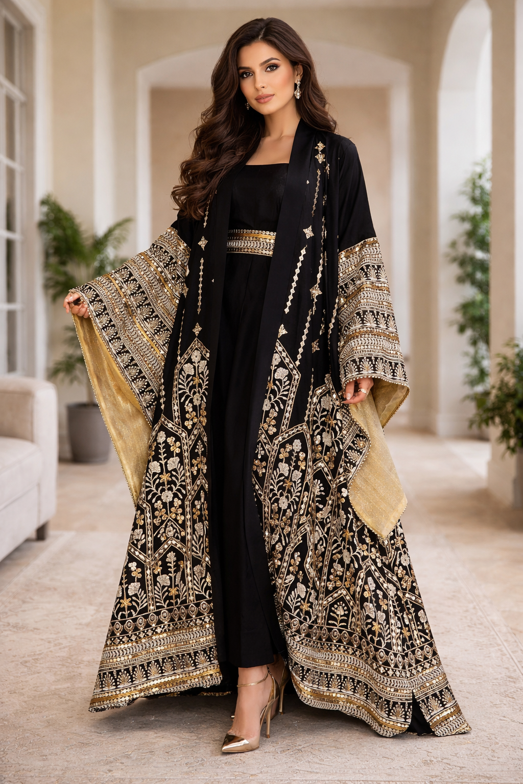 عباءة فخمة مطرزة باللون الأسود والذهبي