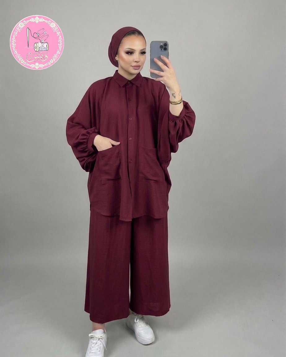 طقم لينين نسائي قطعتين بستايل أوفر سايز راقي | بلوزة بأكمام واسعة وبنطال بقصة مريحة