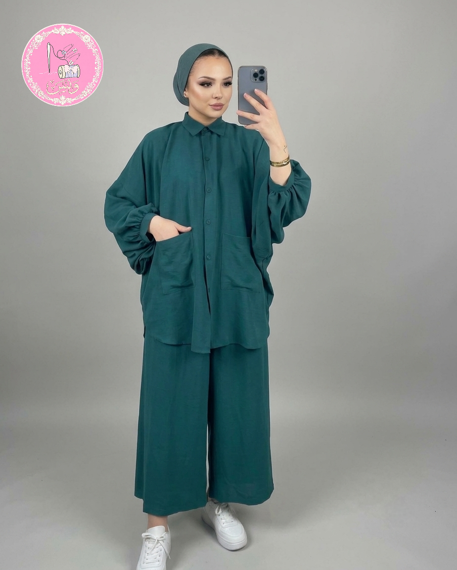 طقم لينين نسائي قطعتين بستايل أوفر سايز راقي | بلوزة بأكمام واسعة وبنطال بقصة مريحة