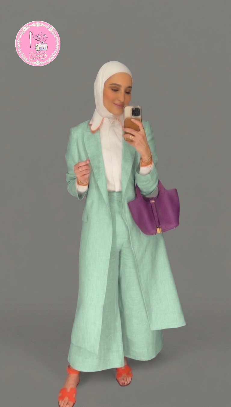 طقم لينين راقي (جاكيت طويل + بنطال واسع) - أطلالة صيفية فاخرة ومريحة