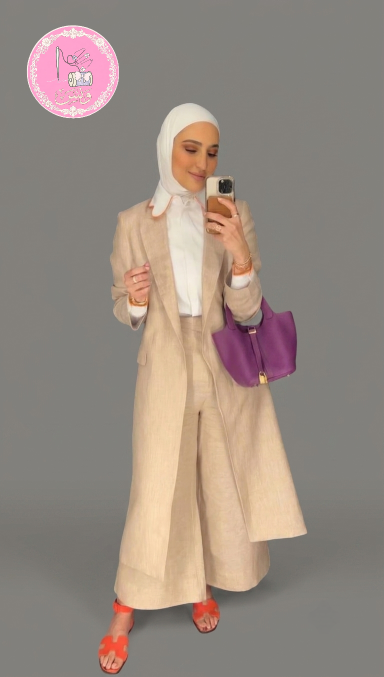 طقم لينين راقي (جاكيت طويل + بنطال واسع) - أطلالة صيفية فاخرة ومريحة