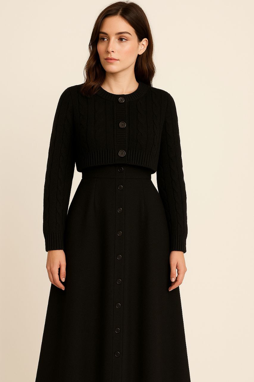 فستان انيق مع جاكيت قصير بتفاصيل راقية