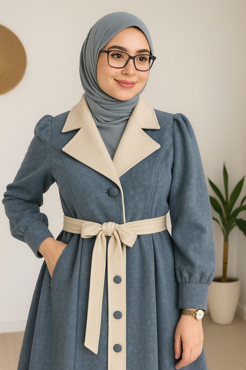 فستان شمواه محتشم بتصميم أنيق  مع لمسات بيج على الياقة والحزام