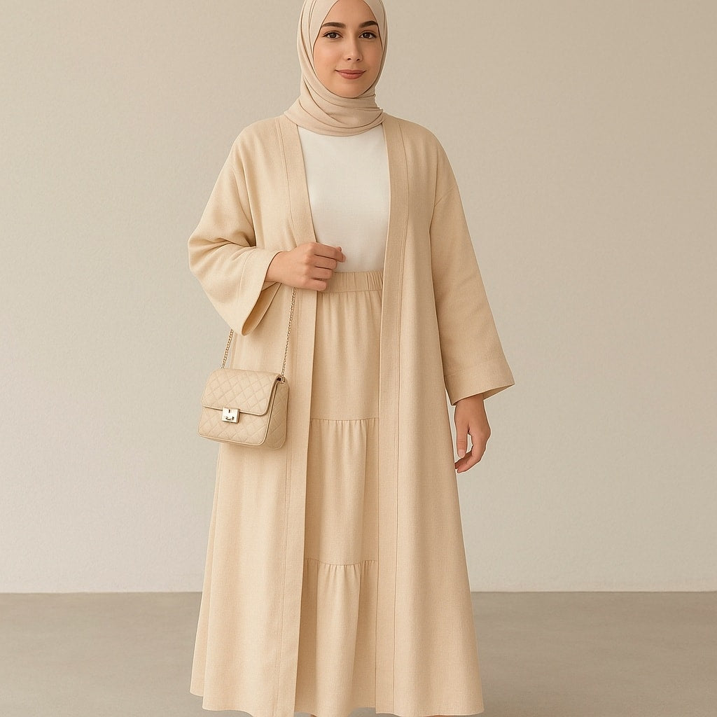 سوت كاجوال أنيق للمحجبات – جاكيت طويل مع تنورة واسعة