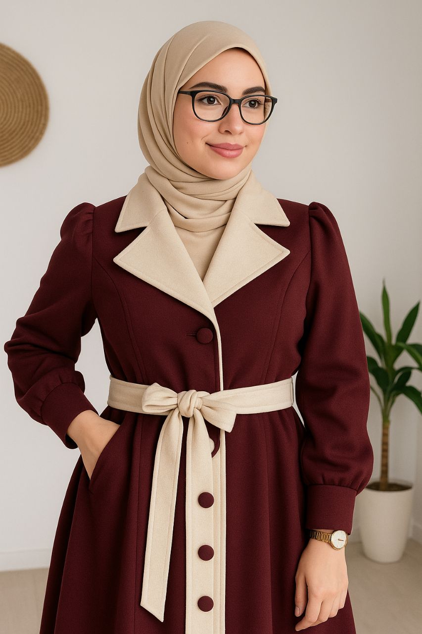 فستان شمواه محتشم بتصميم أنيق  مع لمسات بيج على الياقة والحزام