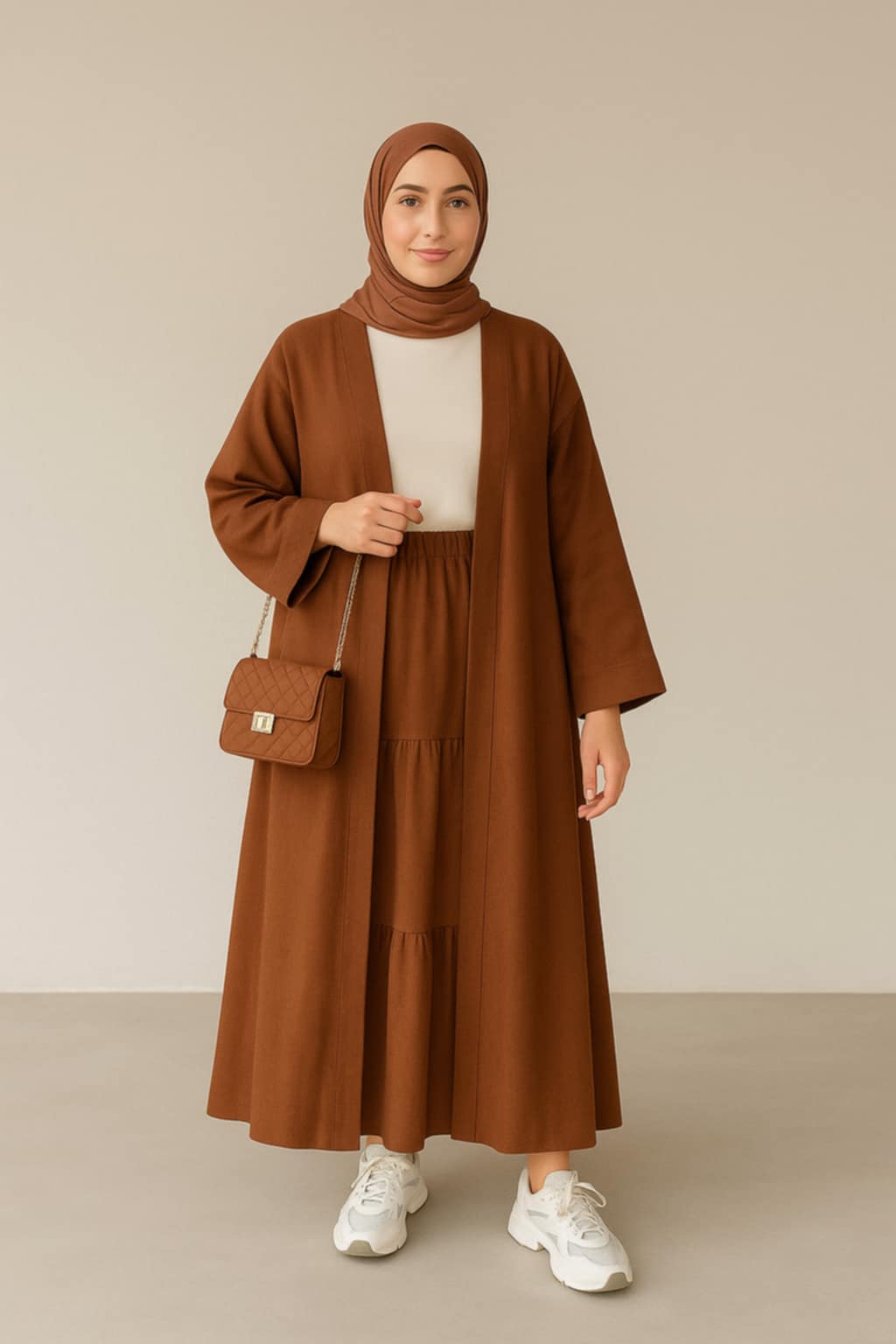 سوت كاجوال أنيق للمحجبات – جاكيت طويل مع تنورة واسعة