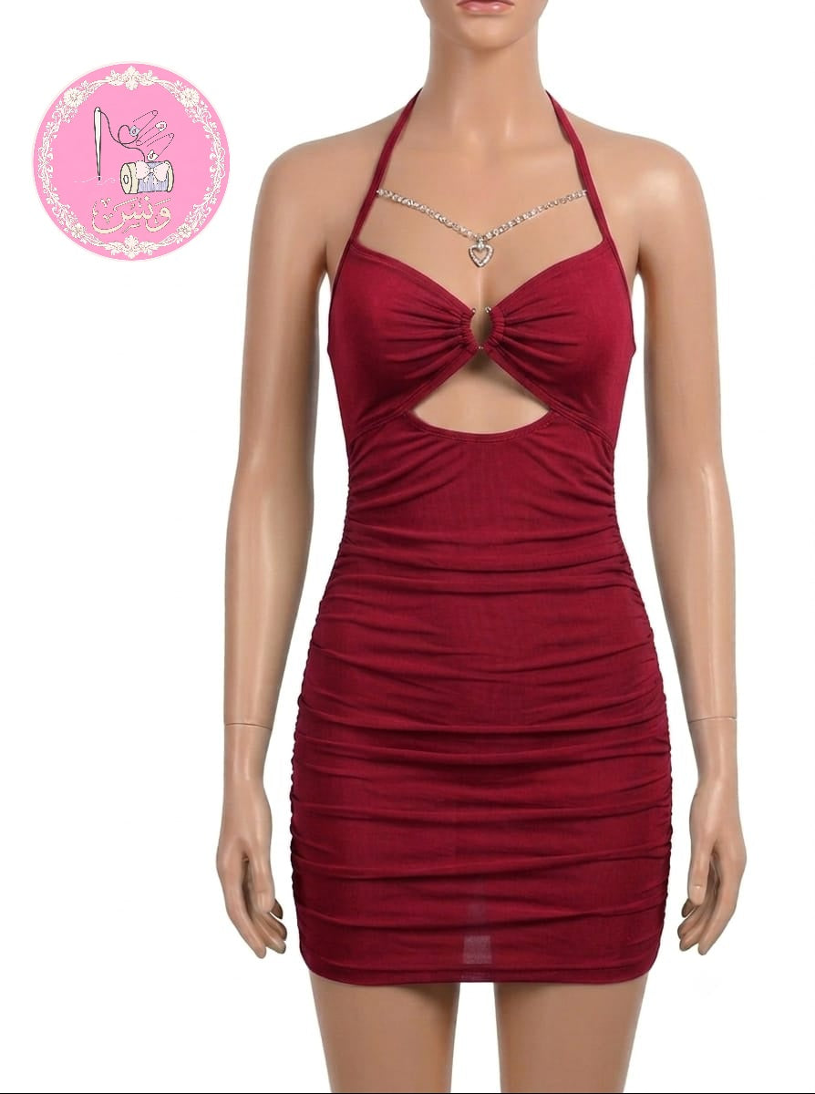 فستان لانجري قصير جذاب بقصّة مزمومة وفتحة صدر مميزة | Ruched Mini Lingerie Dress