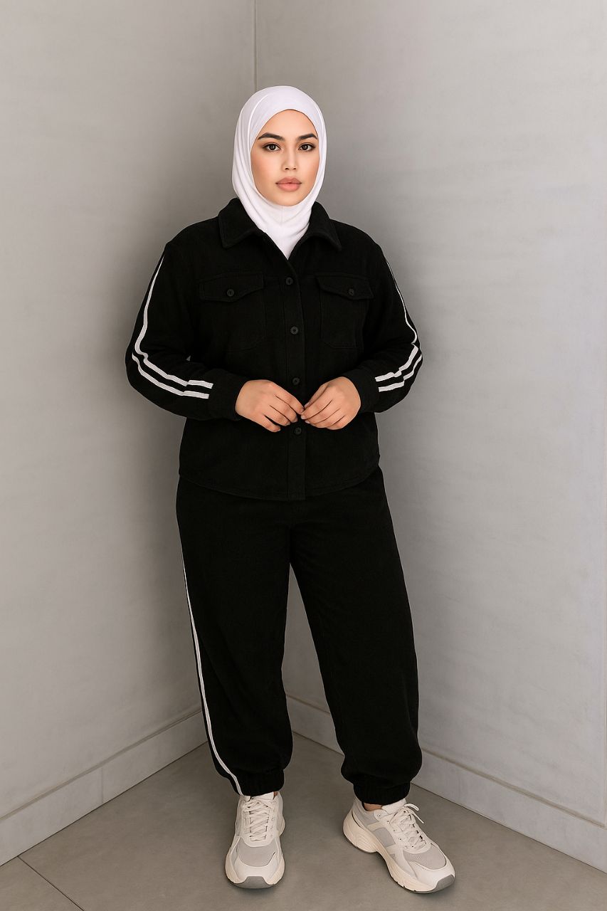 طقم كاجوال قطيفة بلمسة رياضية – جاكيت بأزرار + بنطلون مريح