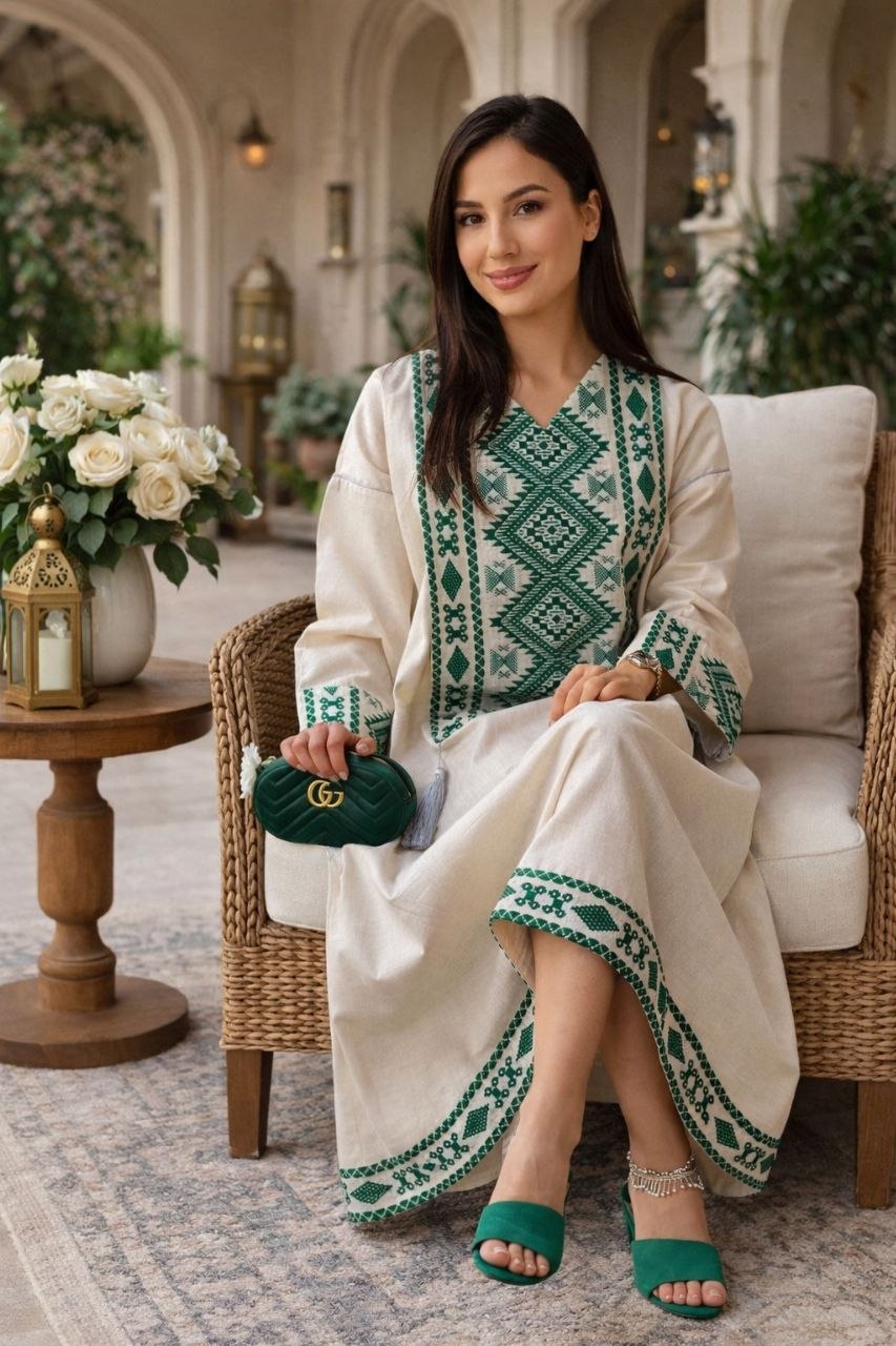 فستان مطرّز بتطريز أخضر فخم