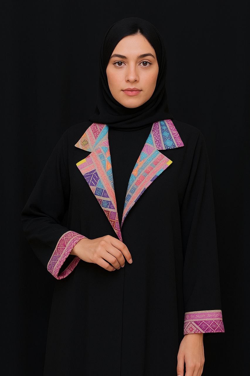 عباية سوداء بتطريز هندسي ملون – أناقة تجمع بين الأصالة والعصرية