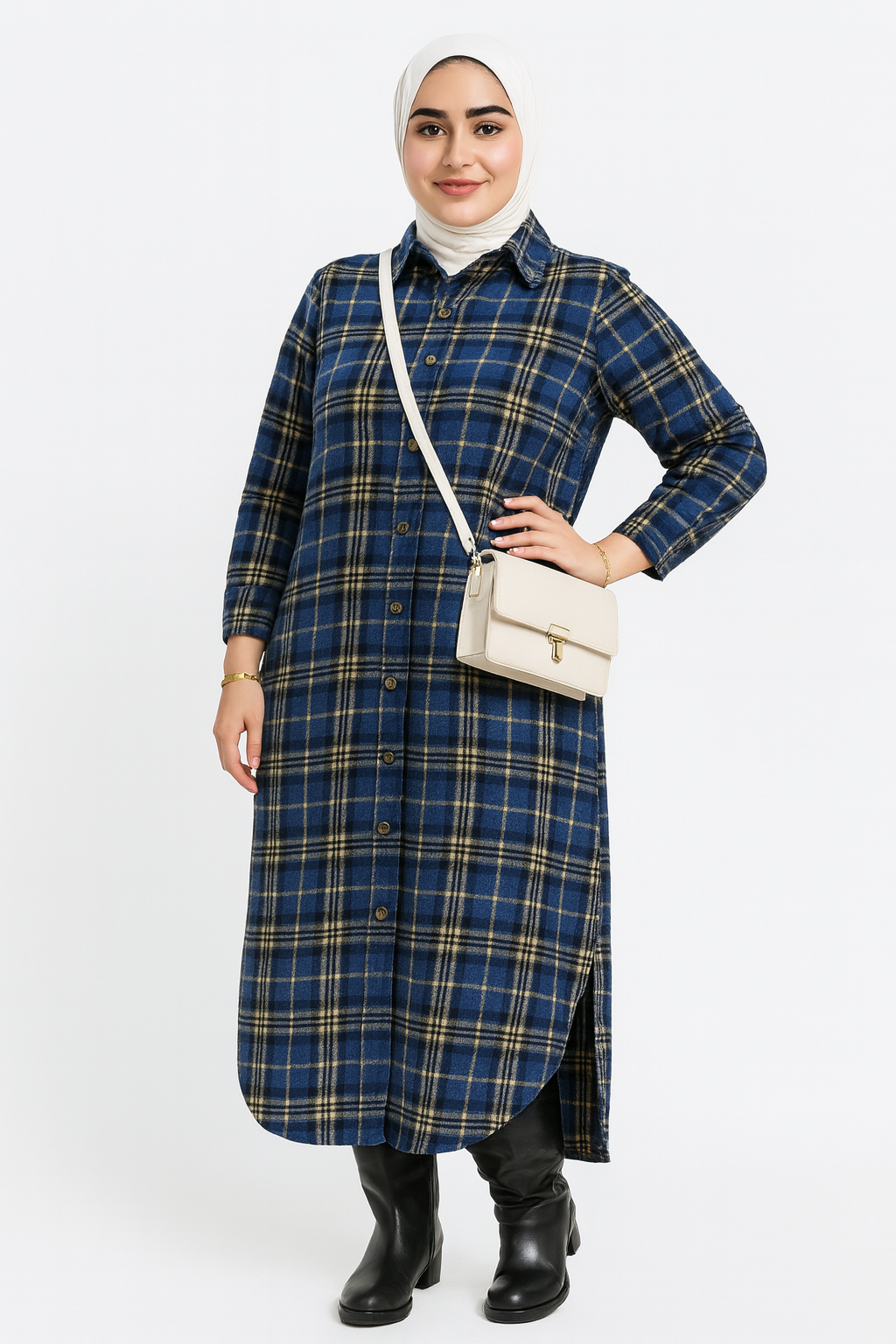 فستان  شتوي كاروهات بأزرار – تصميم محتشم أنيق