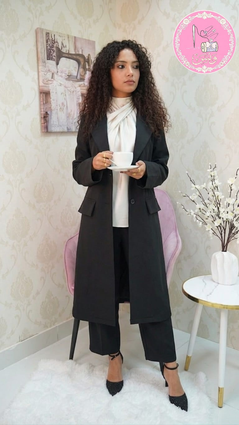 طقم بدلة نسائية كلاسيكية قطعتين (جاكيت طويل + بنطال)