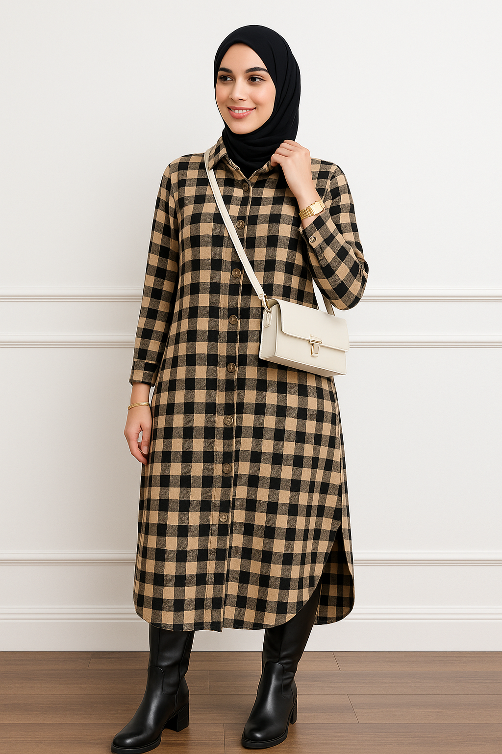 فستان  شتوي كاروهات بأزرار – تصميم محتشم أنيق