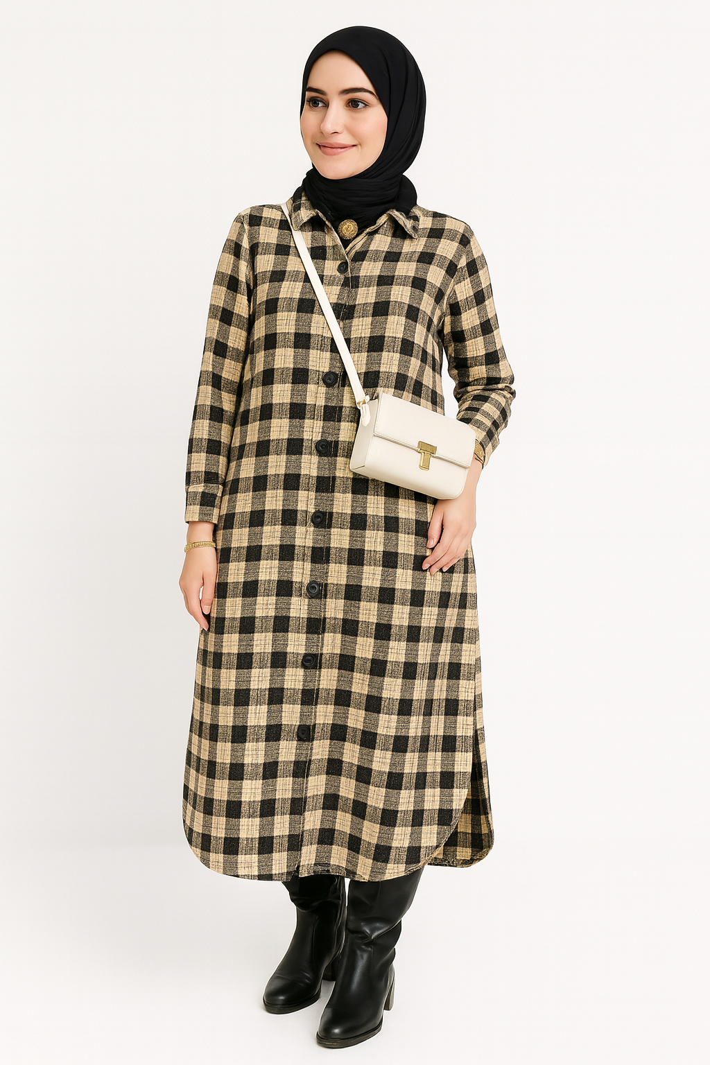 فستان  شتوي كاروهات بأزرار – تصميم محتشم أنيق