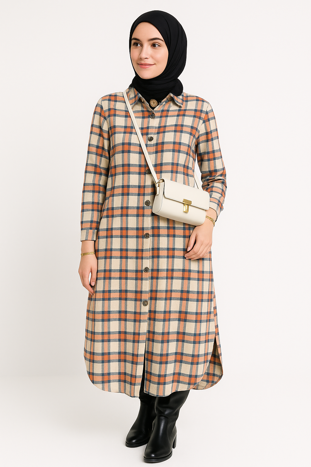 فستان  شتوي كاروهات بأزرار – تصميم محتشم أنيق